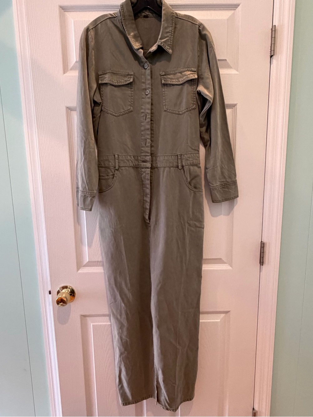 YFB Green Denim Utility Jumpsuit Long Sleeve dress Button Pockets Size M